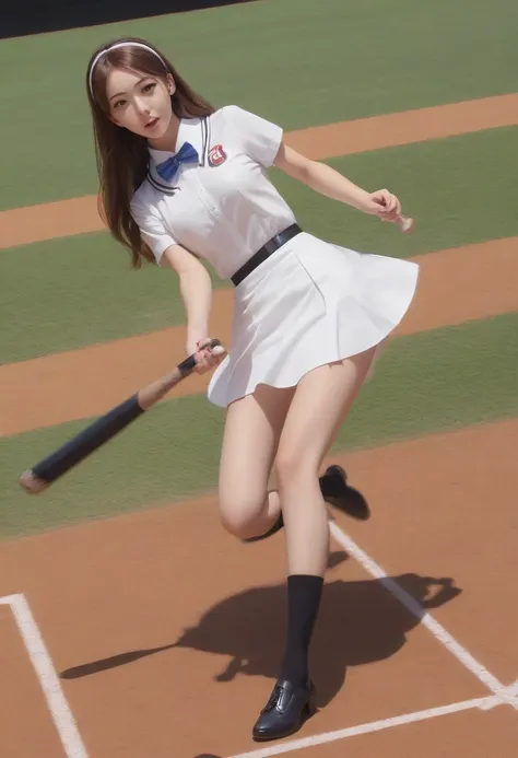 1girl, medium breasts,school uniform,
batting stance, baseball bat,  speed lines, motion blur, motion lines,
from above, feet ou...