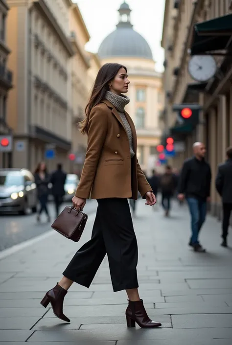 Create a photo of a left side profile view of a full body woman walking down   the street, carrying only a bag in her left hand