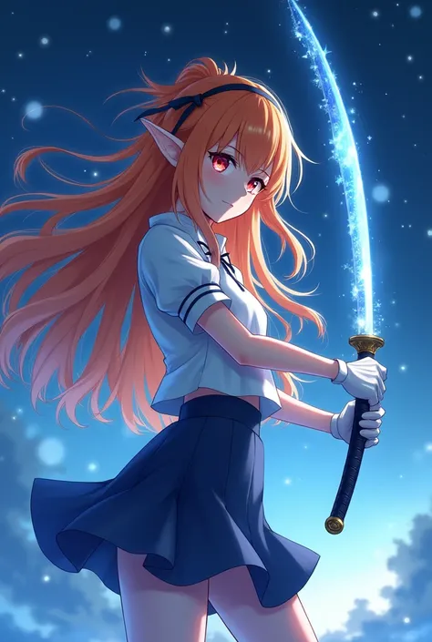 Night sky，Orange long hair elf anime girl，Wear white gloves，Magic Katana，Short sleeve skirt