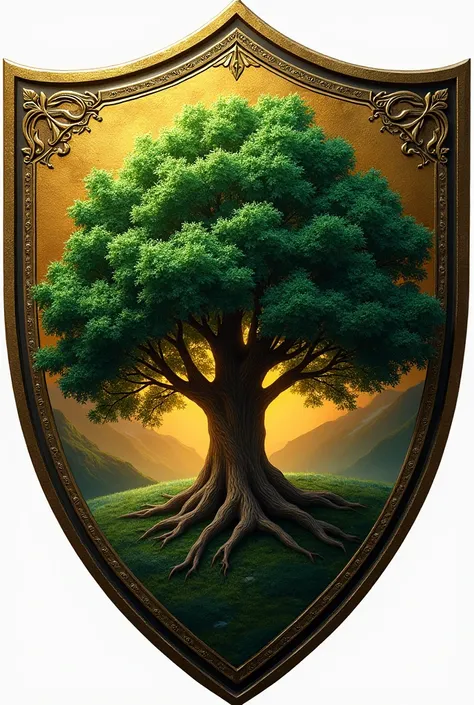 Create a coat of arms with green and gold colors, with a shield and an oak tree in the center of the shield 