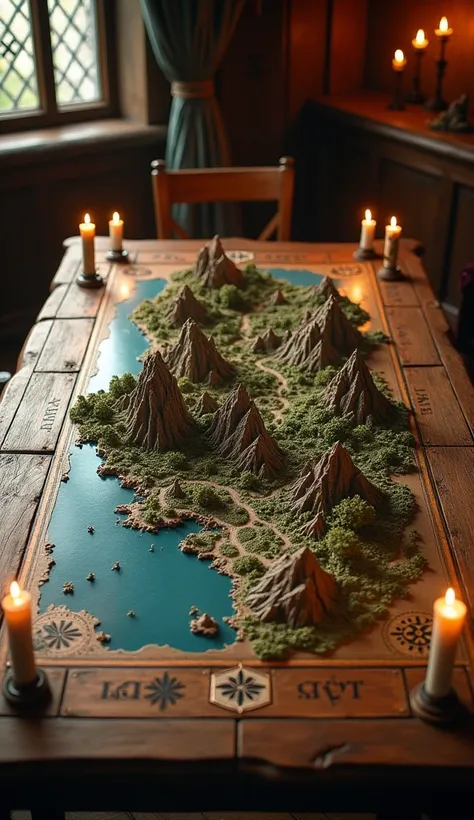 A large, stylized map of Westeros spread out on a wooden table in a dimly lit room illuminated by candles. Details like mountains, winding rivers, forests, and the sigils of noble houses (Stark, Lannister, Targaryen) stand out, with miniature knights and c...