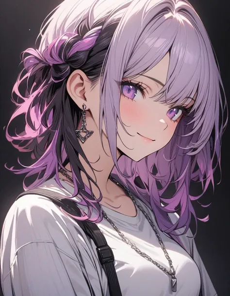 masterpiece,1 woman,Alone, A light smile, Metal necklace, white shirt, modern school , part, Two-tone hair color of purple and black, Unique Hair Style, Stylish, black background