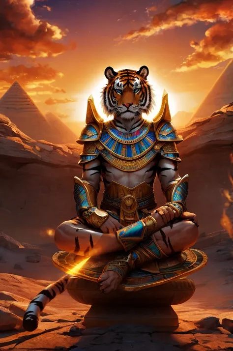 a furry humanoid tiger, sun in the background, felines,armor, nirvana, meditation, egypt, human body, tiger head, highly detailed, intricate, photorealistic, 8k, ultra-detailed, masterpiece, dramatic lighting, cinematic, vibrant colors, fantasy , mystical,...