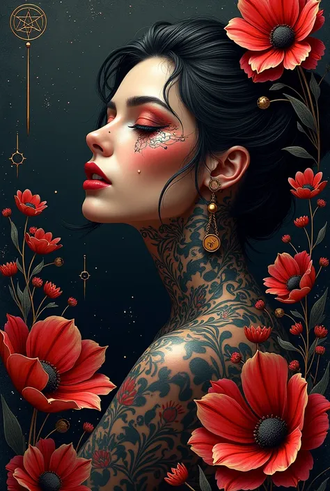 "Create a visual backdrop that captures the essence of the piercing and tattoo aesthetic. Use elements like organic lines, geometric patterns and subtle shadows. Incorporate symbols and icons associated with body art culture, like needles, flores, and cons...