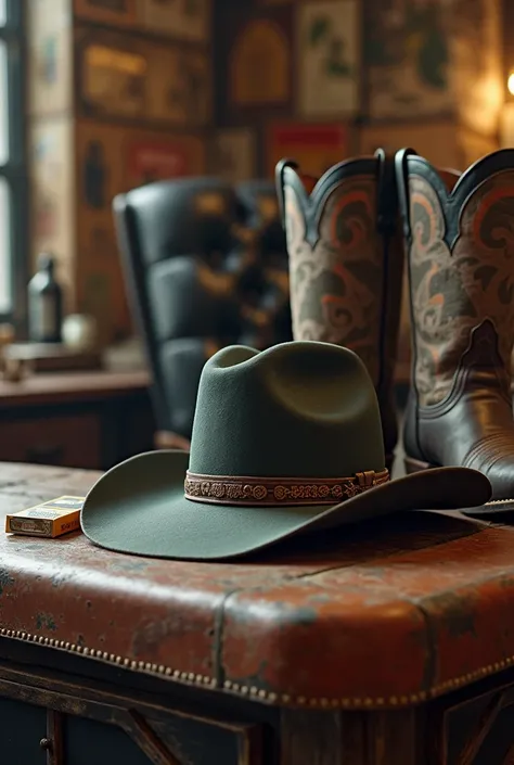 a hat, cigarettes and a pair of cowboy boots in a tattoo outfit
