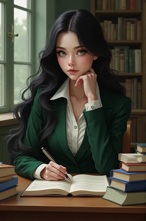 White skinned teacher with green eyes and black hair sitting at desk with books , pen on the table 