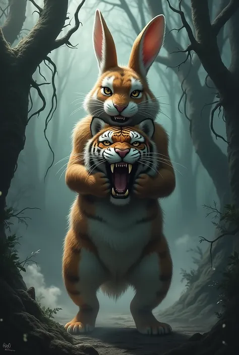 Create a rabbit and have the head of a tiger in its hand