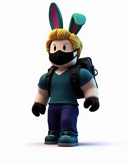 A blonde Roblox boy with colorful bunny ears and a black backpack behind his back with a black mask and blue clothes inside in a drawing 