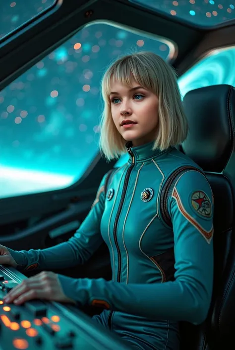 A gorgeous Blonde Woman with a French bob hair style in a teal and grey uniform sits in the padded pilots seat of a spaceship, her hands are on the controls, she has a soft smile, she is looking out at a beautiful starry night. detailed facial features, in...