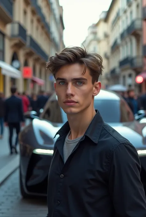 a very handsome young man, a brunette with blue eyes, advertises an expensive space-style car, this all happens in public in Europe