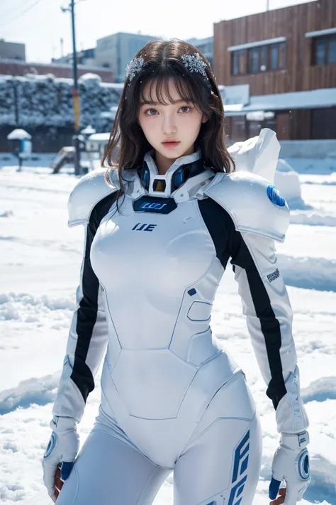 1 girl, lovely, ice and snow world, alone, skinny, wind, mecha suit, whole body, pretty face, decorated with intricate patterns ...