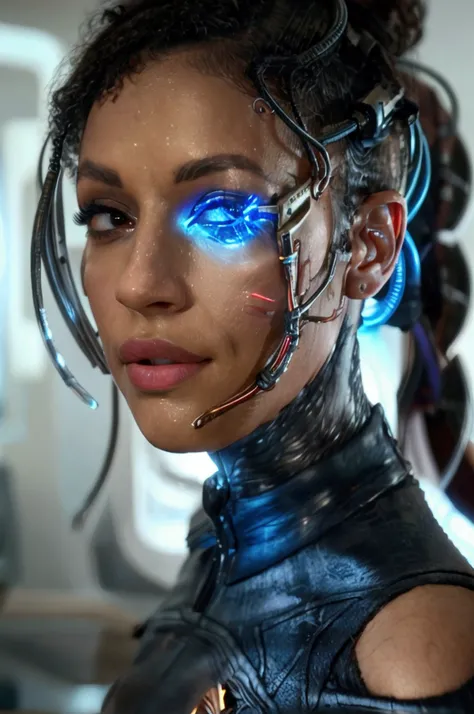 A detailed, highly realistic portrait of a beautiful Black woman wearing a blue Starfleet uniform, with prominent veins, cybernetic implants, an eyepatch, and cables running across her body, with a glowing, luminescent appearance reminiscent of the charact...