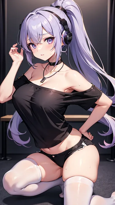 Lovely woman, Loose and fashionable (Loose black off-shoulder T-shirt,Showing belly， Hide one eye, shorts,white stockings，No shoes, black underwear), Silver necklace moon pendant, Pink headphones hanging around the neck, Eye-catching beautiful eyes, purple...