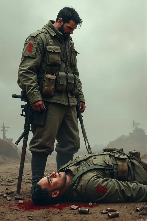 Soldier stands over dead soldier 