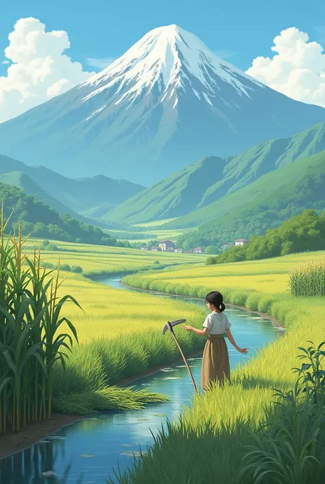 Draw a picture showing a mountain, a river, cornfield and a girl cutting corn 