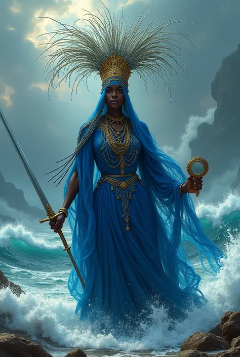 an african deity, orisha of the yoruba religion, with blue dress, coming out of the rough sea, with big waves behind, big crown on the head, entire face covered with weeping willow is an ornament made of beads or beads that is attached to the crown, a mirr...