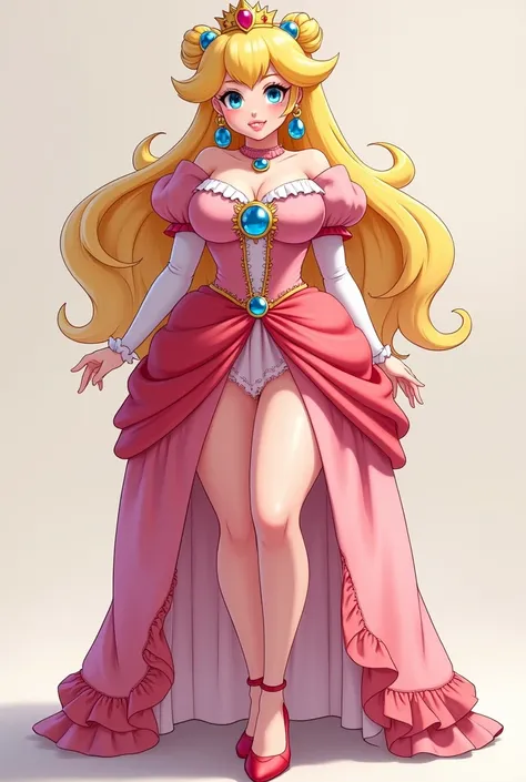 thicc fit anime female long flowing blonde hair in twin tails, large breasts, cosplaying princess peach