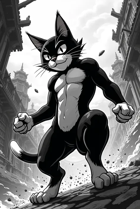 Black and white hero cat in a manga style