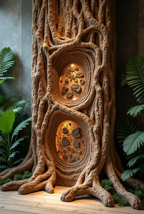 Using the texture of tree bark、Material and other characteristics，Generate a semi-relief art installation