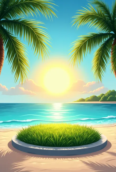 Create a company logo with a Florida background with palm trees and a sun with concrete edgers surrounding a patch of grass 