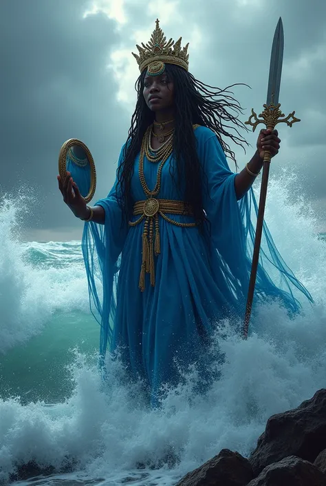 an african deity, female orisha of the Yoruba religion, with blue dress, coming out of the rough sea, with big waves behind, big crown on the head, entire face covered with weeping willow is an ornament made of beads or beads that is attached to the crown,...