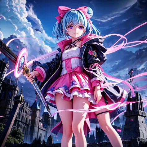 The chibi-style girl with short blue hair in buns, large purple eyes, and a determined expression stands at the entrance of a dark, foreboding castle. Storm clouds swirl around the towering black fortress. She faces Malvor, an evil sorcerer dressed in dark...