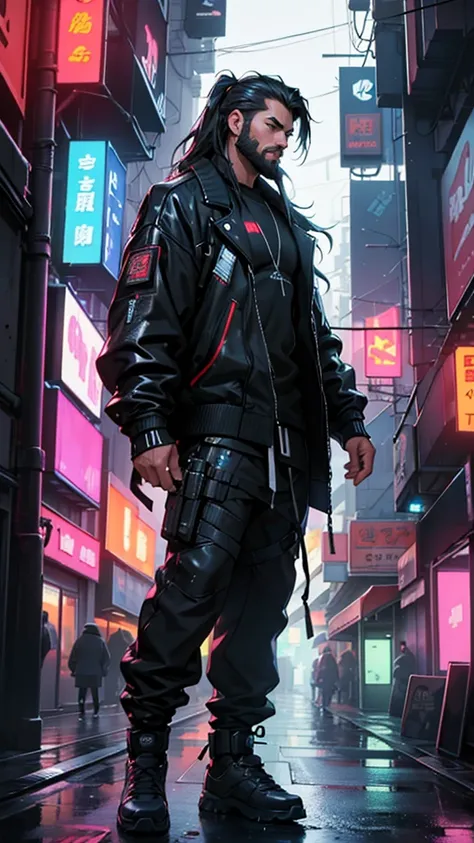 High resolution、masterpiece、Textured skin、high quality、Ultra high definition、Very detailed、male、4、、Long hair tied up、beard、Hard-boiled、Cyberpunk、Futuristic neon city、Tall、Street Fashion、night、rain、solo, He&#39;s walking towards me with a sniper rifle、Color...