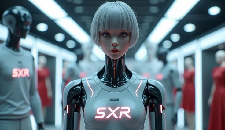 (photorealism:1.2): A realistic, handsome young K-pop idol-looking artificial intelligence with the LED SXR logo, and full body, stands in the center. A male mannequin displays the sports shop, SXR logo on the background, and is wearing a gym SXR logo. The...