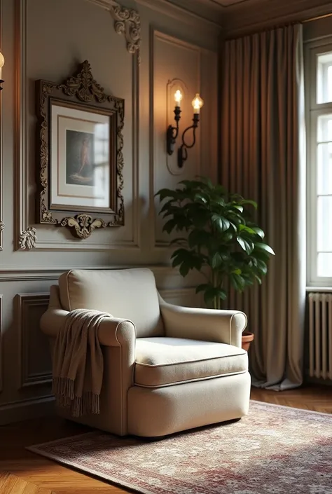 Beautiful old and modern apartment with a chair in the center 