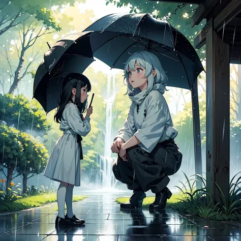 CGI Anime concept art, medium shot. A young small girl stands in rain, looking at a black smiling monster, monster sitting in a bus stop. low angle shot. Studio Ghibli, emotional concept style. Huge white eyes shining with rain droplets, maiden hair styled...