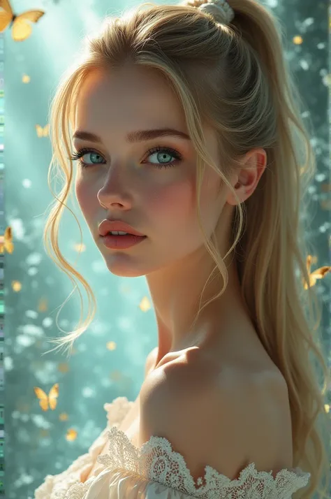 , photorealistic, 1woman, (cute), (24yo:1.1700S, digital photography, art by artgerm and ruan jia and greg rutkowski surreal painting gold butterfly filigree, broken glass, (masterpiece, sidelighting, finely detailed Fashionable eyes: 1.2) (perfect oval la...