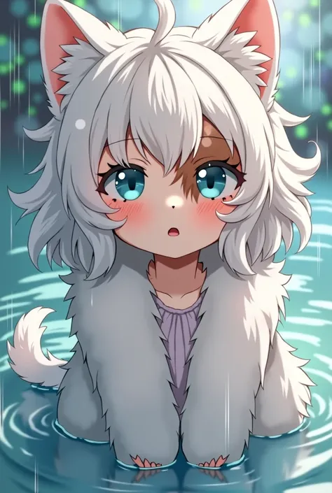 best quality, best resolution, (fluffy anthro furry), calico cat girl, white hair, medium wavy hair, cyan eyes, [[make the fur surrounding her right eye brown]], medium breast, (apearence of a child), wet,