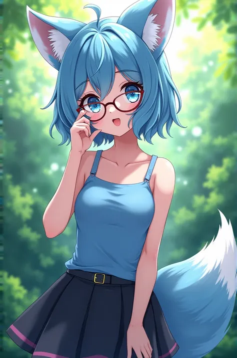 Anime girl wearing a blue tank top and a black skirt, with blue hair and eyes, she has fox ears and tail, She&#39;s also wearing glasses, Shes on a green background