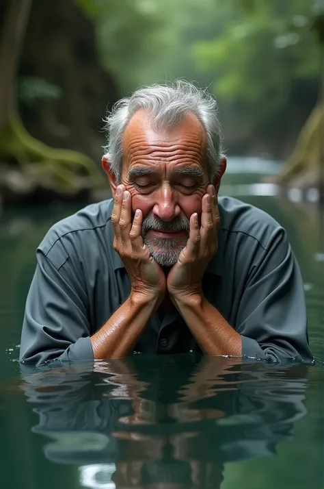 Blind man washing his face in a tank