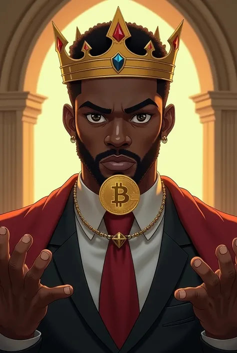 Black man king with hands stretched out with Bitcoin icon on it Nft