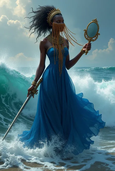 African woman, orisha of the yoruba religion, with blue dress, coming out of the rough sea, with big waves behind, CROWN ON THE HEAD, full face covered with weeping willow is an ornament made of beads or beads that is attached to the crown, a mirror in the...