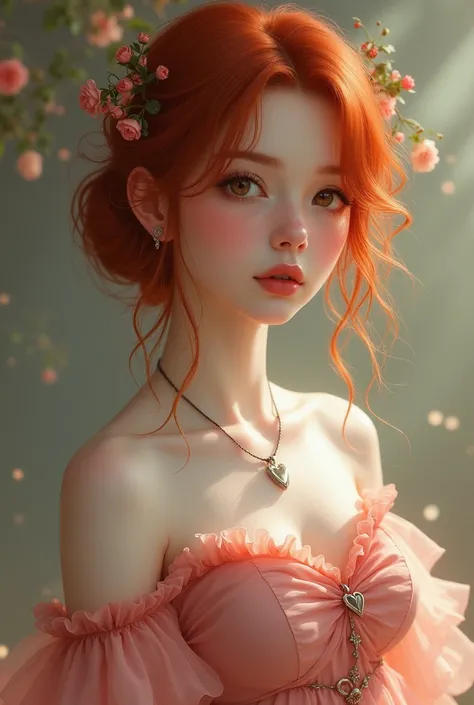 A woman with red-haired, apple head, brown eyes color, wearing a rose dress color, a heart silver necklace 