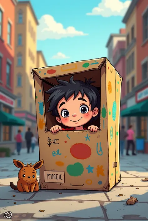 Cartoon of a girl living in a cardboard box on the street 