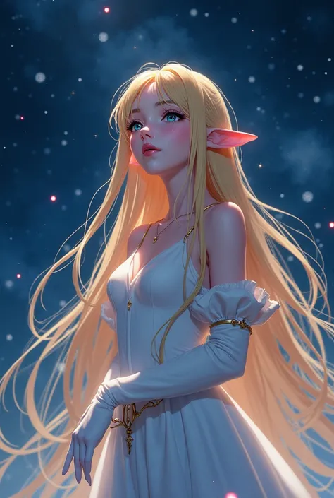 Night sky，Golden long hair elf anime girl，Wear white gloves