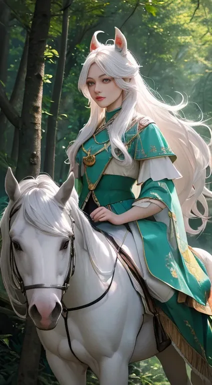 1 unicorn girl, long white hair, horse ears, yellow eyes, thin lips, round face, white skin, wearing short green archer outfit, large bust, wide hips, horse tail, horse thighs and legs, forest scenery surrounded by rocks, (best quality,4k,8k,highres,master...