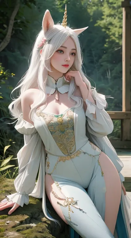 1 unicorn girl, long white hair, horse ears, yellow eyes, thin lips, round face, white skin, wearing short green archer outfit, large bust, wide hips, horse tail, horse thighs and legs, forest scenery surrounded by rocks, (best quality,4k,8k,highres,master...