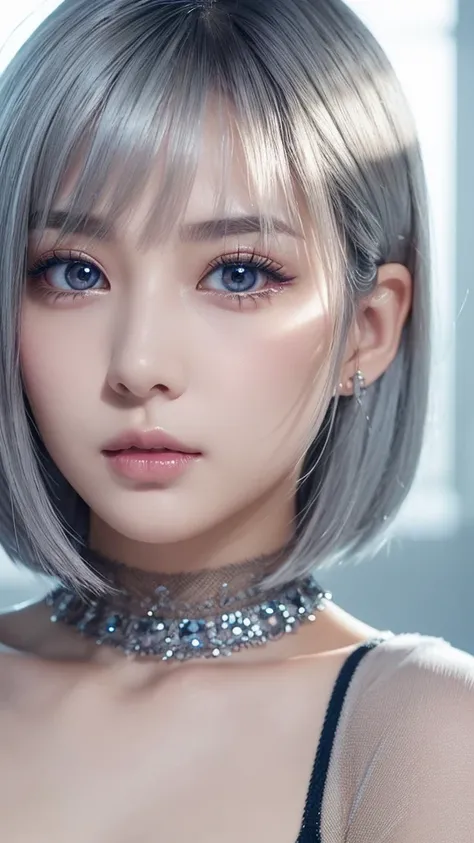 Japanese、Gray Hair、Mesh Hair、White skin、Transparency、beautiful girl、Nose Bridge、Thin lips、Short Hair、stare、Seductive pose、Captivating Gaze、Peering Gaze、The sparkle of sapphire reflected in the pupil