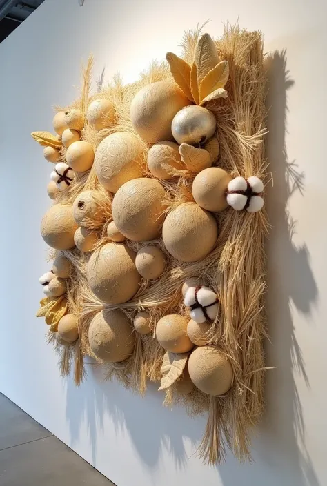 Semi-relief installation made of straw，Using the plasticity of cotton，Diversity，Strong designability，Bas-relief design，sculpture、Streamline form，Reference New Zealand artist Courtney.The artistic style of Mathison，A semi-relief installation that presents a...