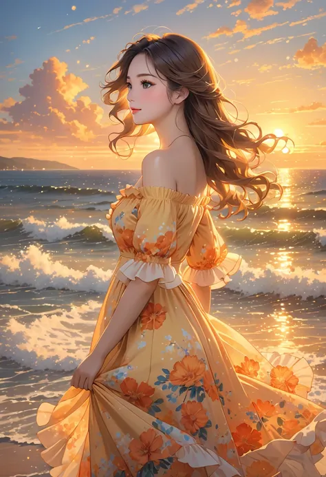 The image depicts a woman with long, flowing hair standing by the seaside during sunset. She is wearing a floral, off-the-shoulder dress with ruffles and an elegant design. The background features a serene view of the ocean with gentle waves, and the entir...