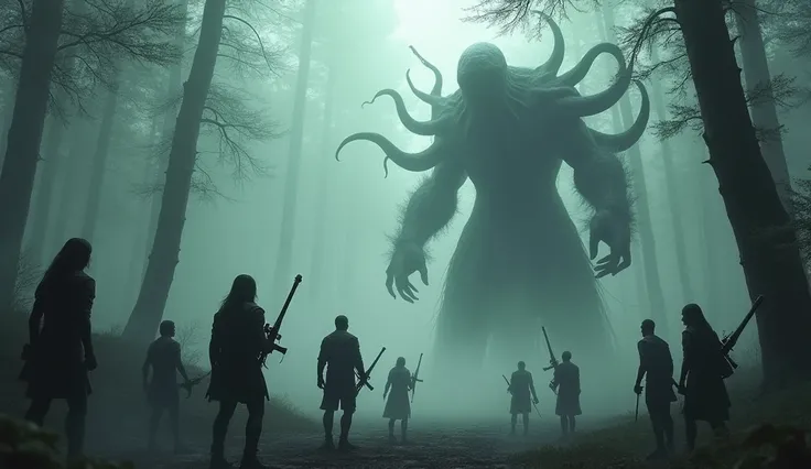 A small group of people prepared to fight with weapons in a misty forest, On the other side a tall figure, With tentacles and no face, he prepares to fight with his tentacles extended.