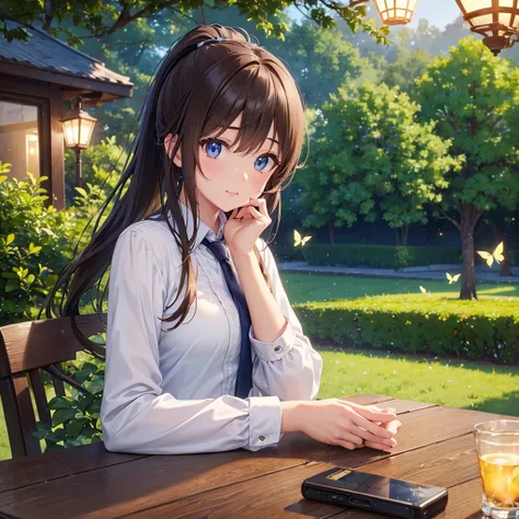 8K HD animation with exquisite details, brown hair, a woman, blue eyes ，Tie a ponytail，Relax in a cafe, There is nothing on the table。Quiet and peaceful cafe scene, dense greenery, Detailed flower, A few flying little butterflies，The background is a night ...