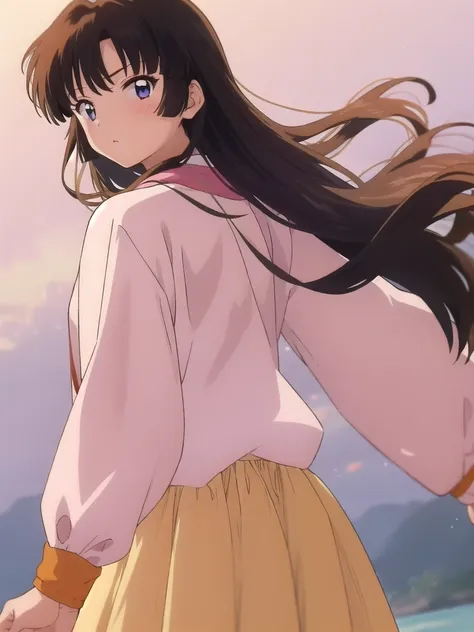 1girl, alone, yellow sweater, pink skirt, long brown hair, blunt straight bangs, straight hair, blue eyes, kaname kururugi