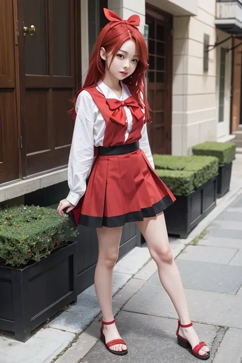 Soka Nola cute Anime girl with red hair and black skirt and white sandals with  red bow tiles