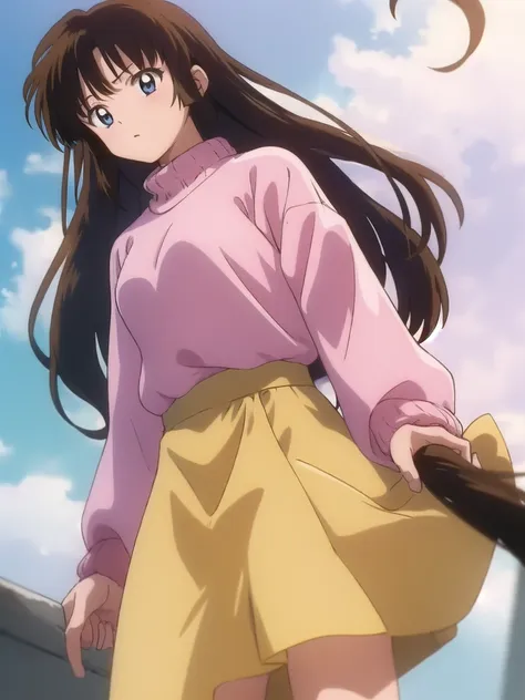 1girl, alone, pink sweater, yellow skirt, long brown hair, blunt straight bangs, straight hair, blue eyes, kaname kururugi