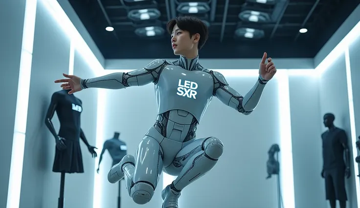 (photorealism:1.2): A realistic, handsome young K-pop idol-looking artificial intelligence with the LED SXR logo and full body moves in the air. A male mannequin displays the sports shops SXR logo on the background and is wearing a gym SXR logo. The enviro...